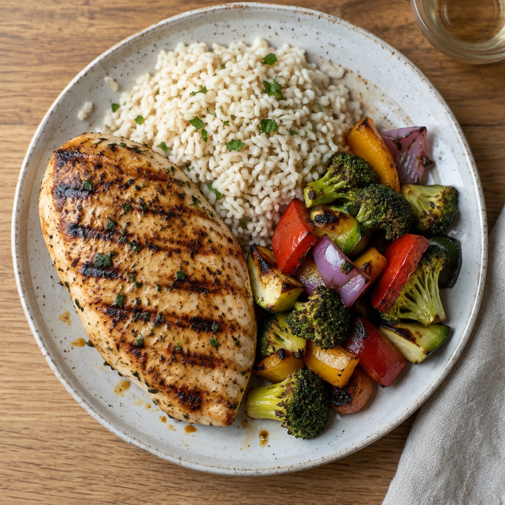 Grilled chicken with rice and roasted vegetables